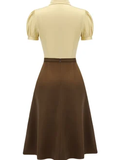 Outlet Retro Stage 2PCS Lapel Puff Sleeve Solid Blouse & High Waist Skirt Yellow & Coffee