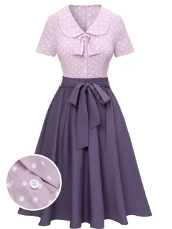 Fashion Retro Stage 2PCS 1940s Polka Dots Blouse & Solid Skirt Lavender