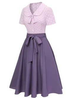 Fashion Retro Stage 2PCS 1940s Polka Dots Blouse & Solid Skirt Lavender