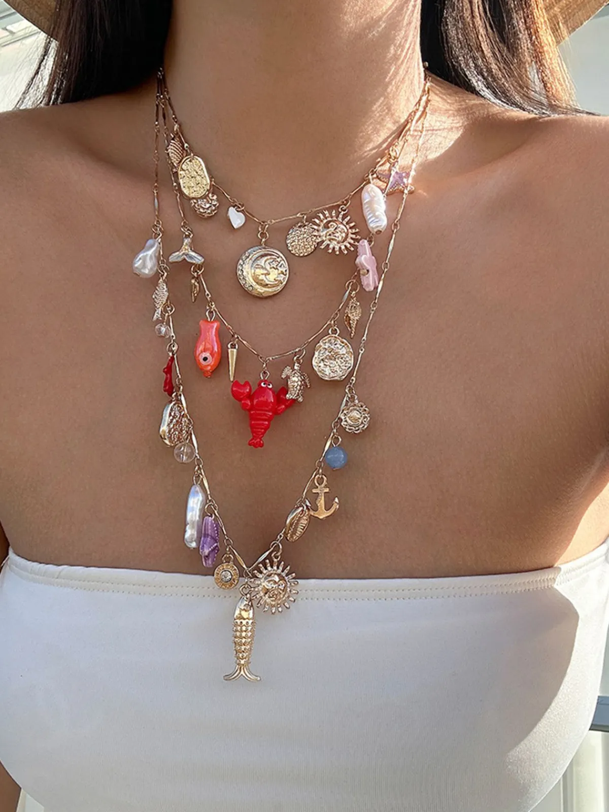 Outlet Retro Stage 3PCS Layered Beach Charm Necklace Set