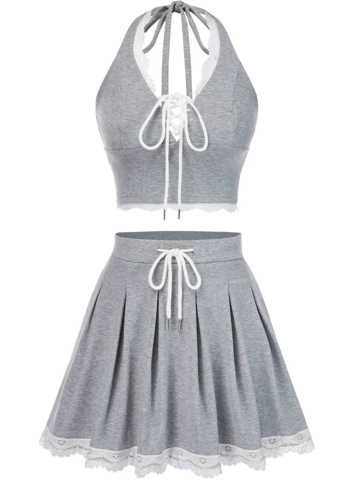 Hot Retro Stage 2PCS 1950s Lace Halter Top & Pleated Skirt Light Gray