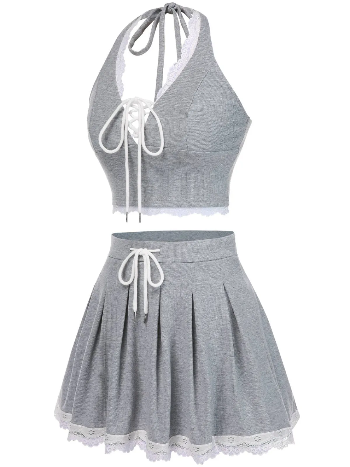Hot Retro Stage 2PCS 1950s Lace Halter Top & Pleated Skirt Light Gray