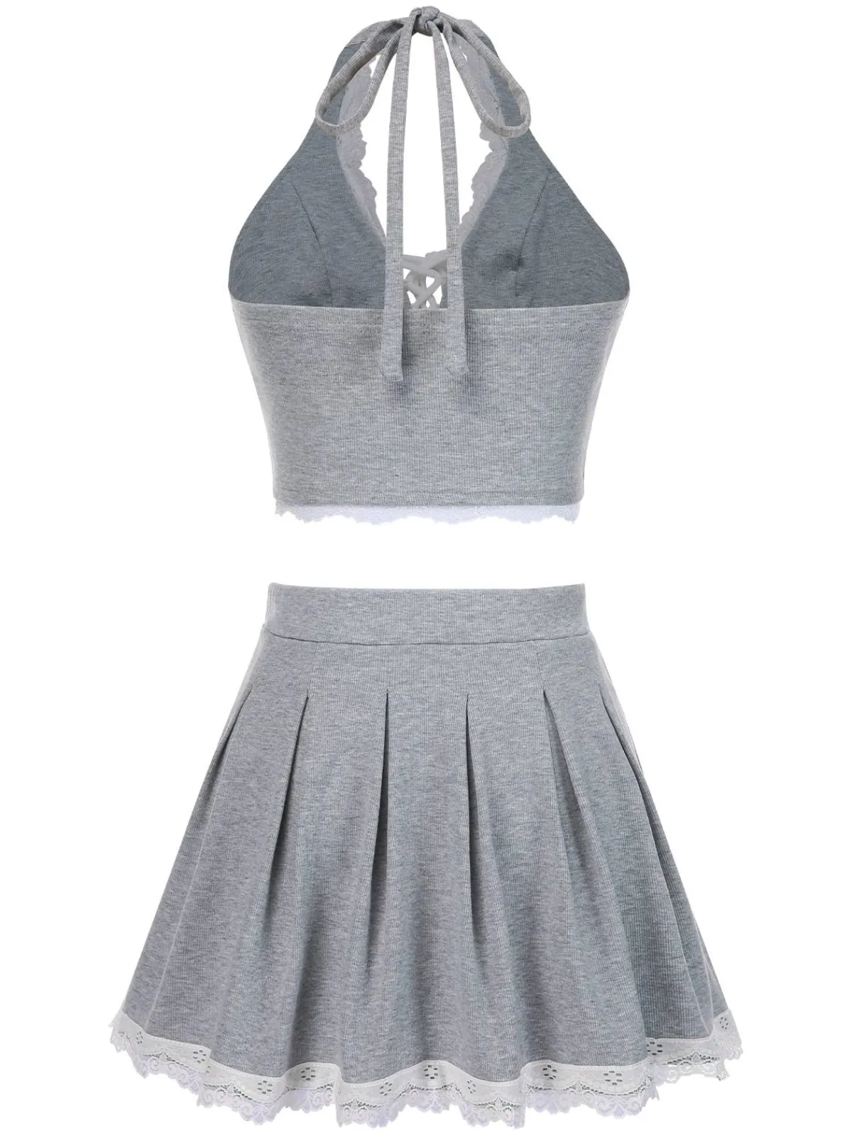 Hot Retro Stage 2PCS 1950s Lace Halter Top & Pleated Skirt Light Gray