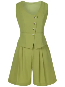 New Retro Stage 2PCS 1950s Solid Top & Shorts Light Green