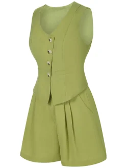New Retro Stage 2PCS 1950s Solid Top & Shorts Light Green