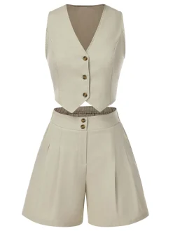 Online Retro Stage 2PCS 1950s Solid V-Neck Vest & Shorts Light Khaki