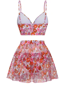 New Retro Stage 2PCS 1950s Cartoon Floral Bikini Set & Cover-Up Multicolor