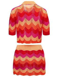 Fashion Retro Stage 2PCS Multicolor 1970s Knit Cardigan & High-Waist Skirt
