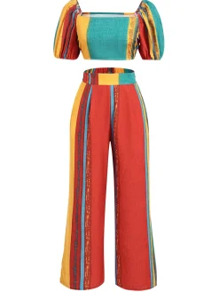 Discount Retro Stage 2PCS 1970s Puff Sleeves Striped Top & Pants Multicolor