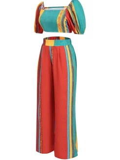 Discount Retro Stage 2PCS 1970s Puff Sleeves Striped Top & Pants Multicolor