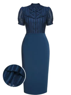Hot Retro Stage 2PCS 1960s Stand Collar Shirt & Solid Wrap Skirts Navy Blue
