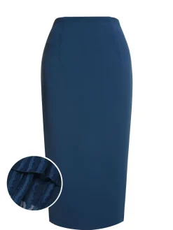 Hot Retro Stage 2PCS 1960s Stand Collar Shirt & Solid Wrap Skirts Navy Blue