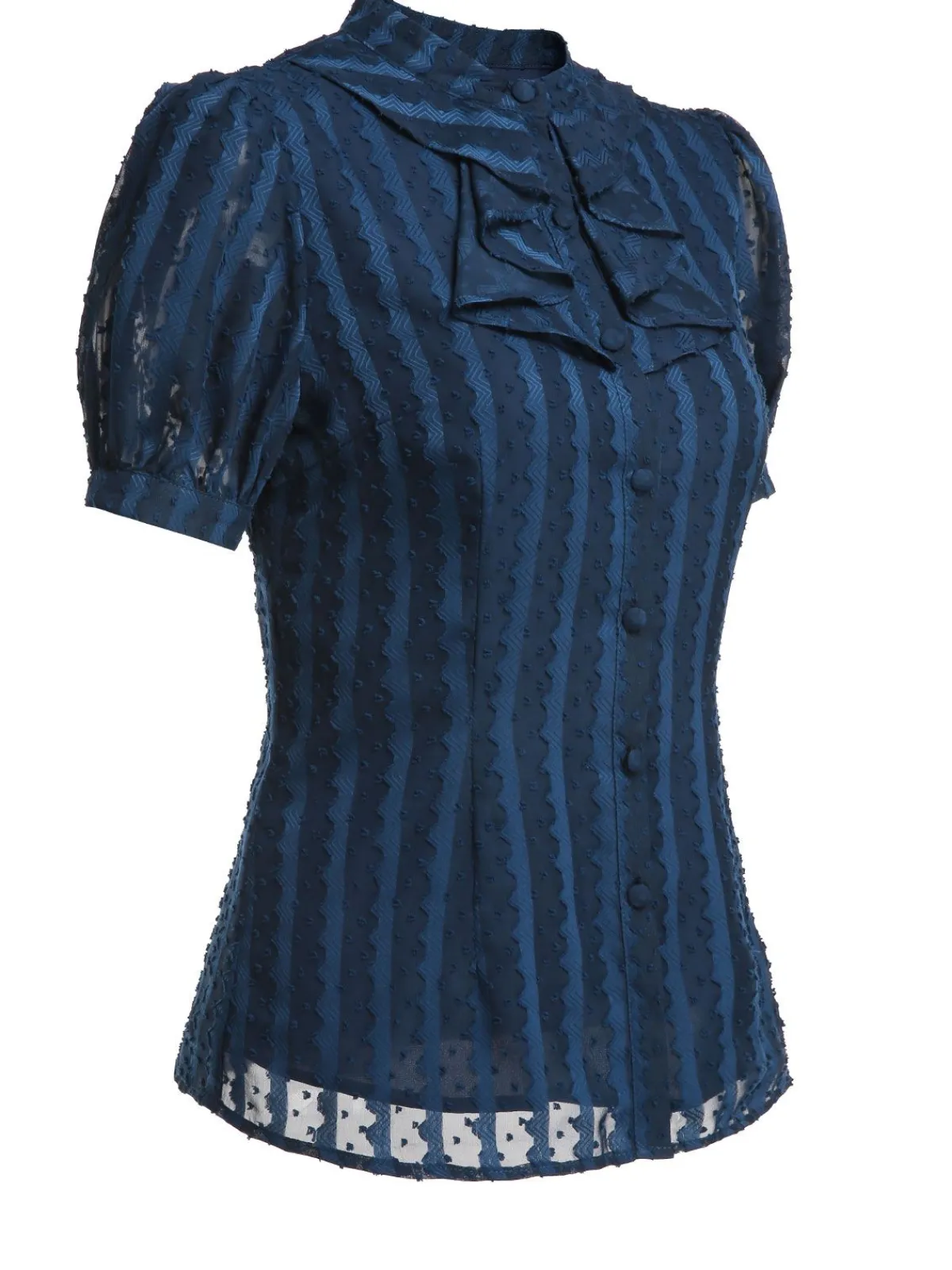 Hot Retro Stage 2PCS 1960s Stand Collar Shirt & Solid Wrap Skirts Navy Blue