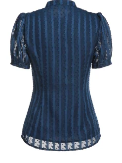 Hot Retro Stage 2PCS 1960s Stand Collar Shirt & Solid Wrap Skirts Navy Blue