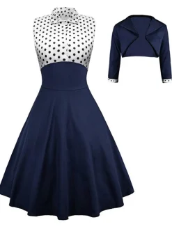 Hot Retro Stage 2PCS Navy 1950s Polka Dot Swing Dress Navy Blue