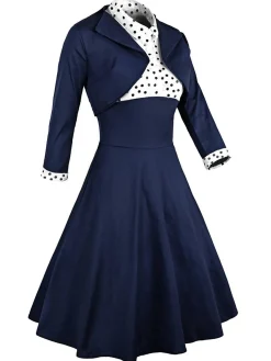 Hot Retro Stage 2PCS Navy 1950s Polka Dot Swing Dress Navy Blue