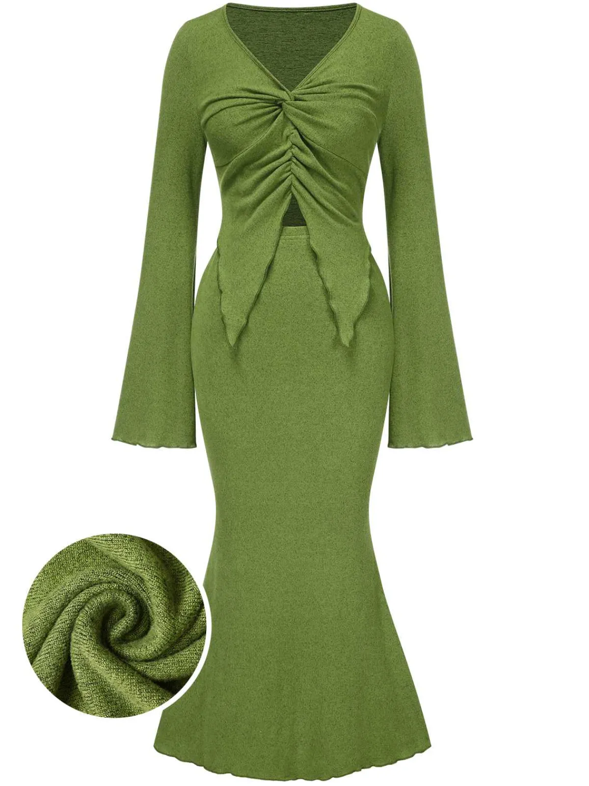 Outlet Retro Stage 2PCS 1930s V-Neck Top & Mermaid Skirt Olive Green