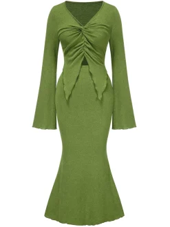 Outlet Retro Stage 2PCS 1930s V-Neck Top & Mermaid Skirt Olive Green