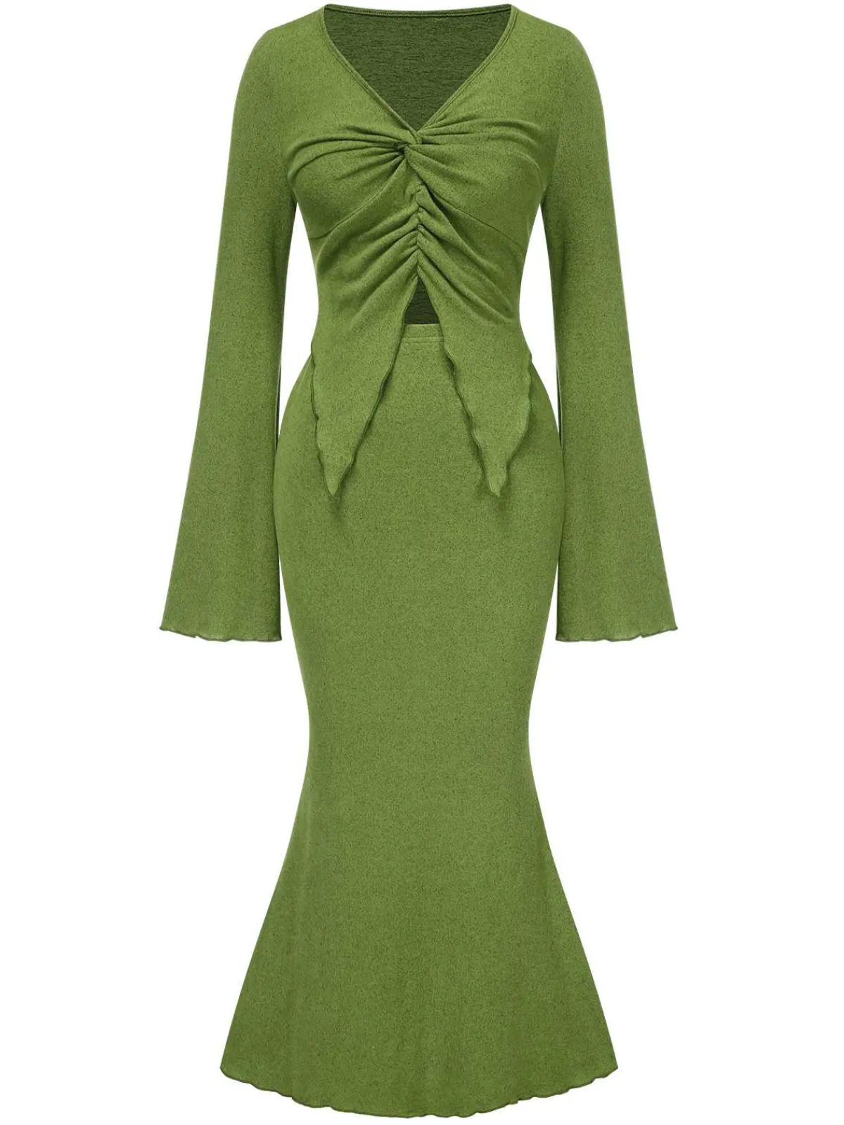 Outlet Retro Stage 2PCS 1930s V-Neck Top & Mermaid Skirt Olive Green