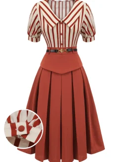 Outlet Retro Stage 2PCS Orange Red 1950s Striped Blouse & Pleated Skirt
