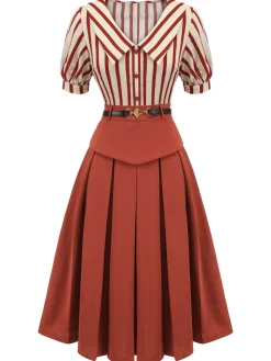 Outlet Retro Stage 2PCS Orange Red 1950s Striped Blouse & Pleated Skirt