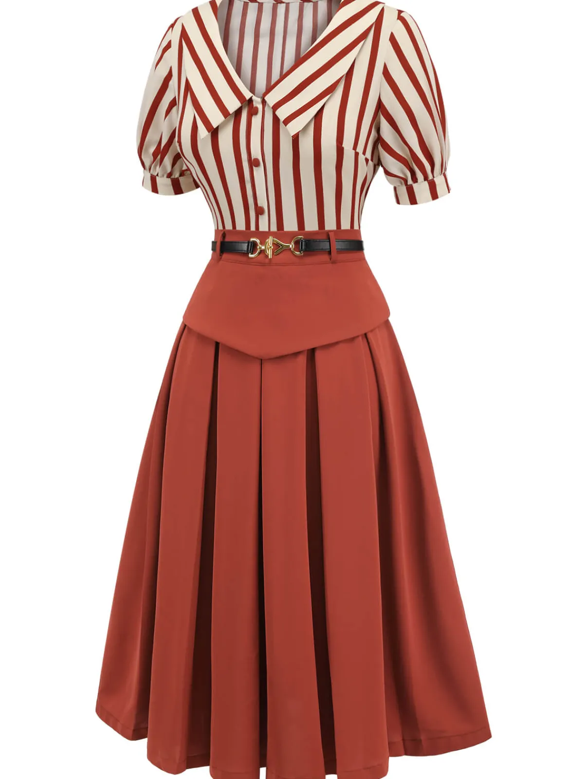 Outlet Retro Stage 2PCS Orange Red 1950s Striped Blouse & Pleated Skirt