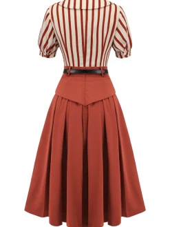Outlet Retro Stage 2PCS Orange Red 1950s Striped Blouse & Pleated Skirt