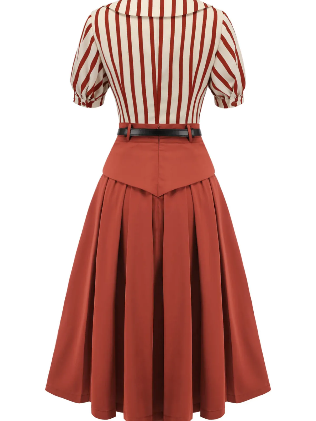Outlet Retro Stage 2PCS Orange Red 1950s Striped Blouse & Pleated Skirt