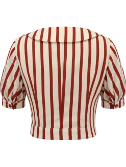 Outlet Retro Stage 2PCS Orange Red 1950s Striped Blouse & Pleated Skirt