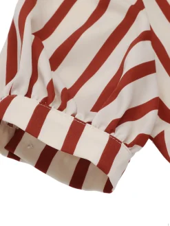 Outlet Retro Stage 2PCS Orange Red 1950s Striped Blouse & Pleated Skirt