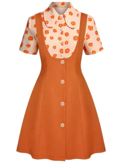 Hot Retro Stage 2PCS 1960s Floral Shirt & Skirt Orange