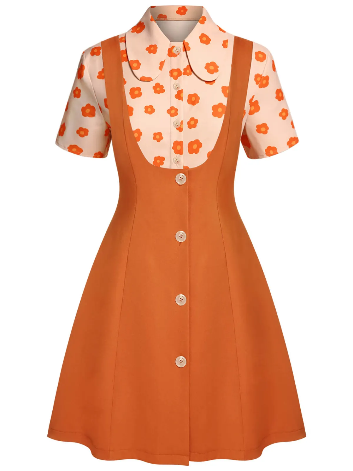 Hot Retro Stage 2PCS 1960s Floral Shirt & Skirt Orange