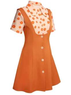 Hot Retro Stage 2PCS 1960s Floral Shirt & Skirt Orange