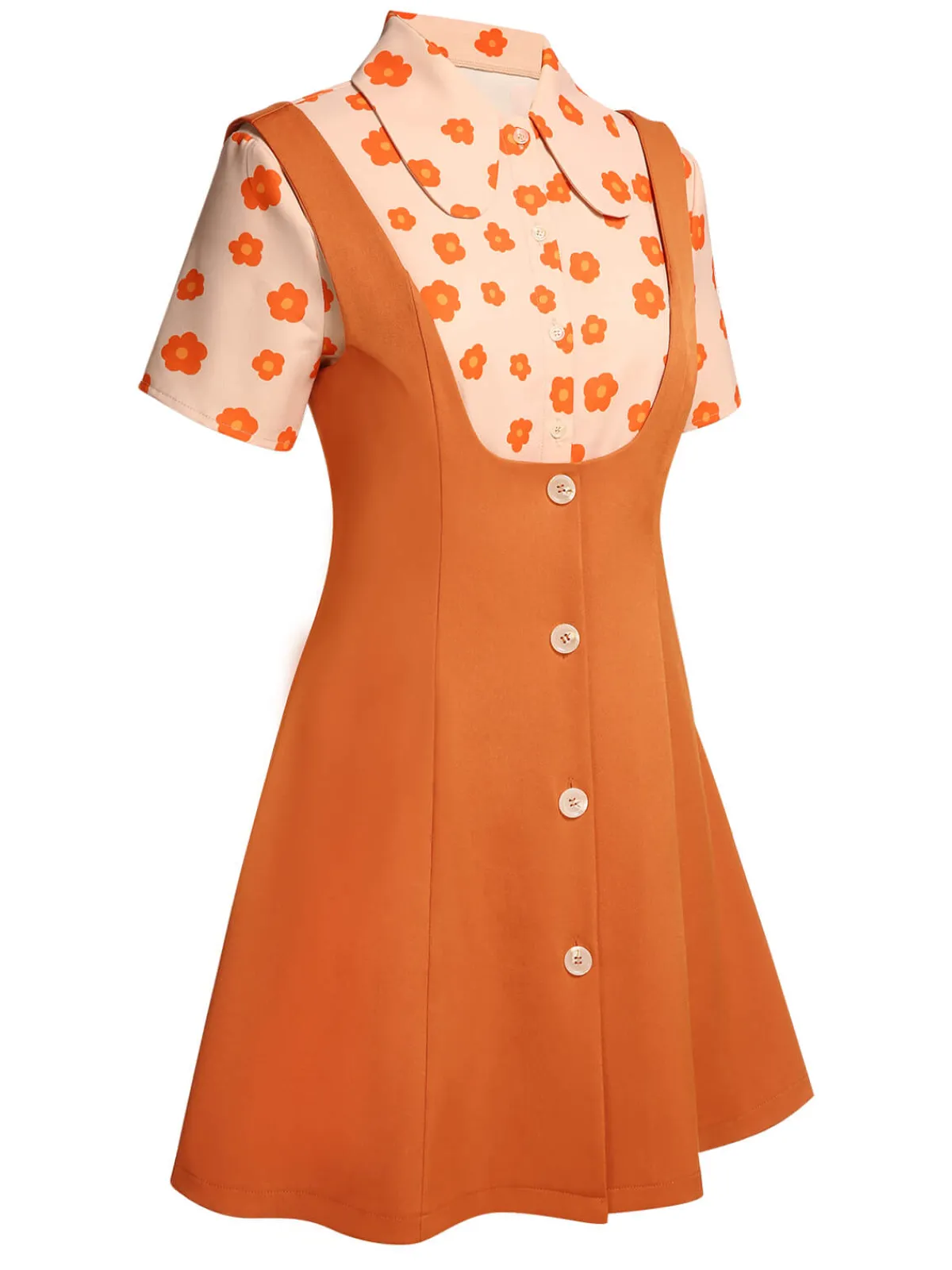 Hot Retro Stage 2PCS 1960s Floral Shirt & Skirt Orange
