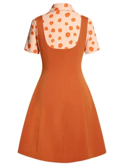 Hot Retro Stage 2PCS 1960s Floral Shirt & Skirt Orange