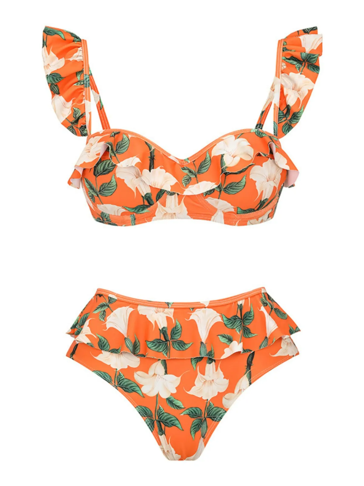 Hot Retro Stage 2PCS 1940s Ruffle Floral Bikini Set & Cover Up Orange