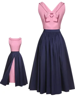 Discount Retro Stage 3PCS Pink 1960s Bow Blouse & Spaghetti Dress & Umbrella Skirt Pale Pink