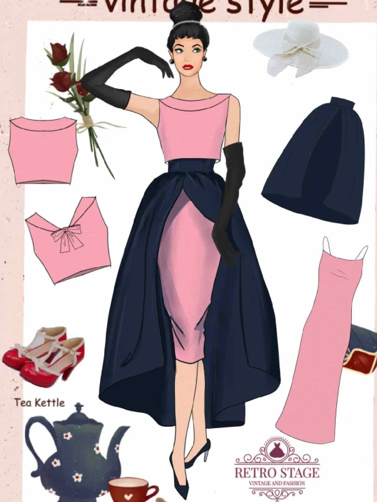Discount Retro Stage 3PCS Pink 1960s Bow Blouse & Spaghetti Dress & Umbrella Skirt Pale Pink