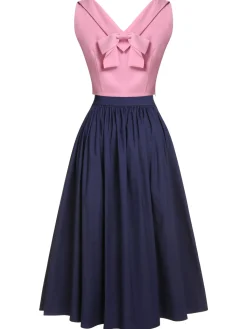 Discount Retro Stage 3PCS Pink 1960s Bow Blouse & Spaghetti Dress & Umbrella Skirt Pale Pink