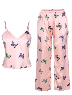 Hot Retro Stage 2PCS 1950s Butterfly Suspender V-Neck Sleepwear Pink
