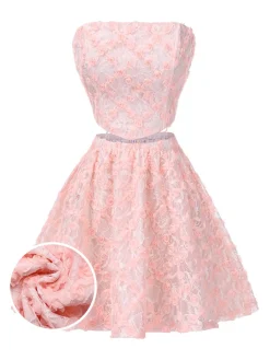 Outlet Retro Stage 2PCS Pink 1950s 3D-Roses Lace-Up Bandeau Top & Skirt Pale Pink