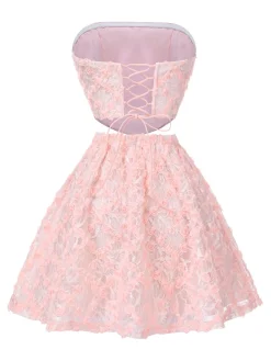 Outlet Retro Stage 2PCS Pink 1950s 3D-Roses Lace-Up Bandeau Top & Skirt Pale Pink