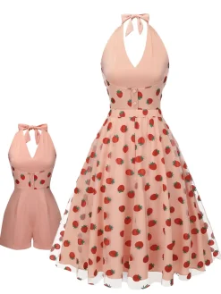 Clearance Retro Stage 2PCS 1950s Halter Strawberry Romper & Umbrella Skirt Pink