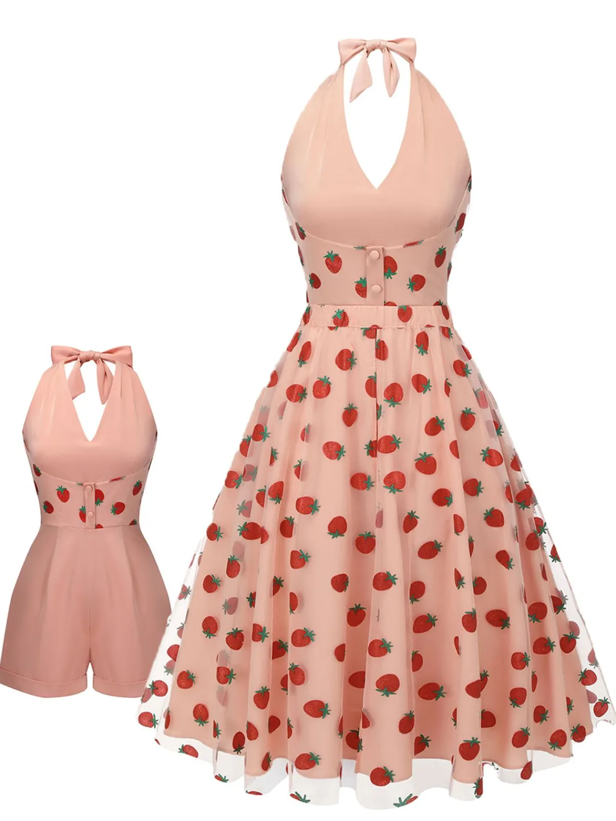 Clearance Retro Stage 2PCS 1950s Halter Strawberry Romper & Umbrella Skirt Pink