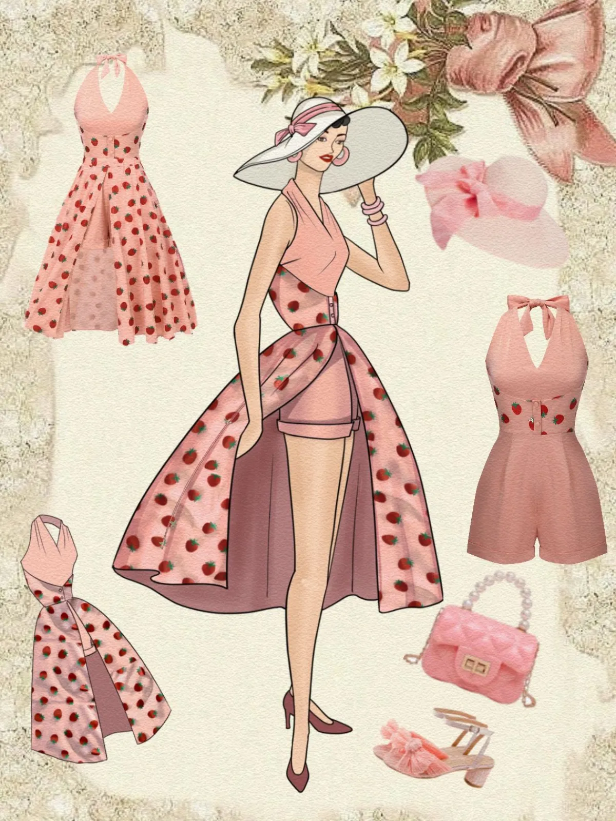 Clearance Retro Stage 2PCS 1950s Halter Strawberry Romper & Umbrella Skirt Pink