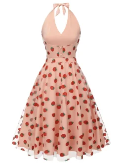 Clearance Retro Stage 2PCS 1950s Halter Strawberry Romper & Umbrella Skirt Pink