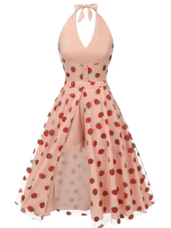 Clearance Retro Stage 2PCS 1950s Halter Strawberry Romper & Umbrella Skirt Pink