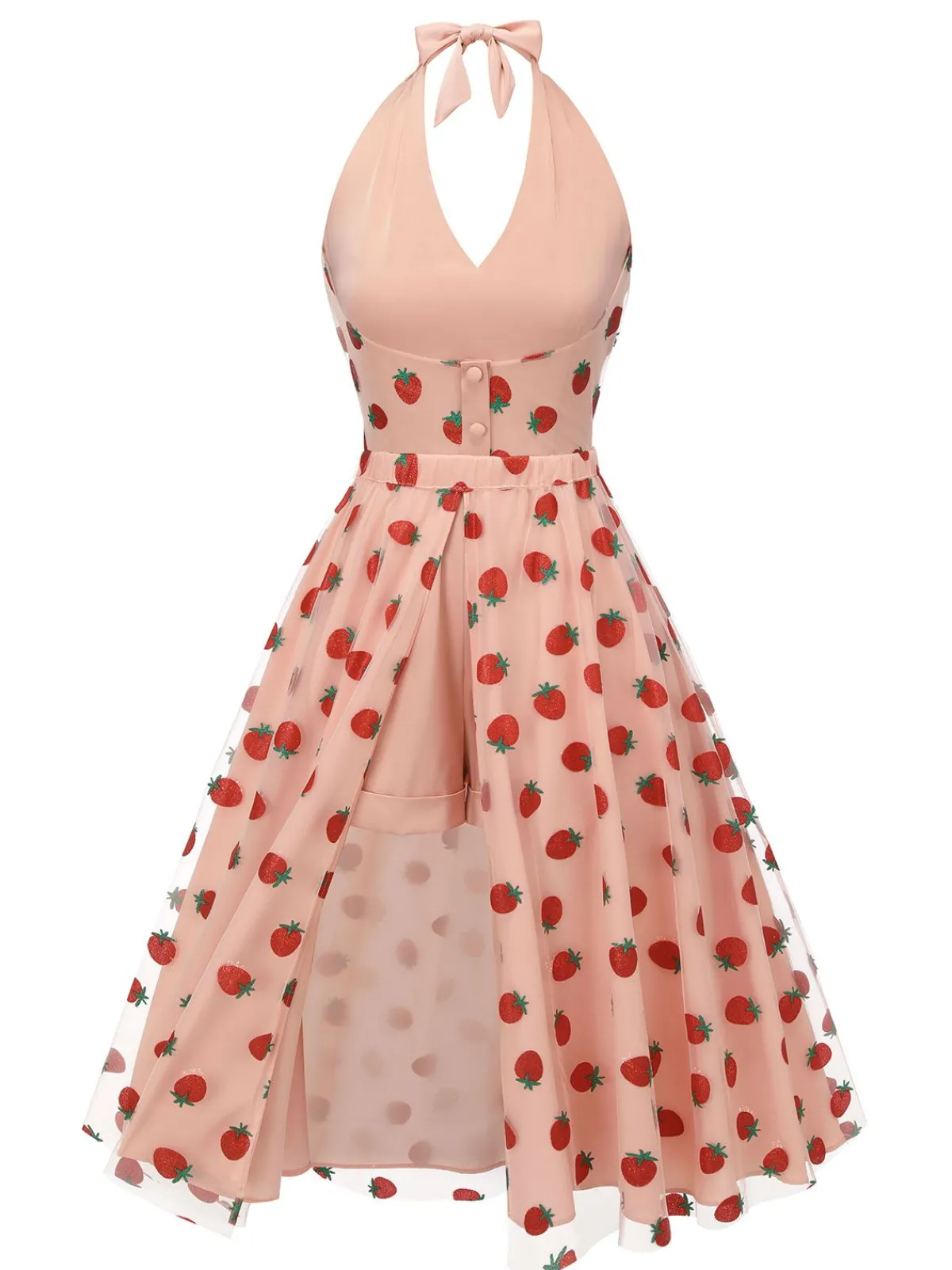 Clearance Retro Stage 2PCS 1950s Halter Strawberry Romper & Umbrella Skirt Pink