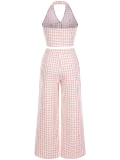Outlet Retro Stage 2PCS 1930s Houndstooth Halter Crop Top & Pants Pink