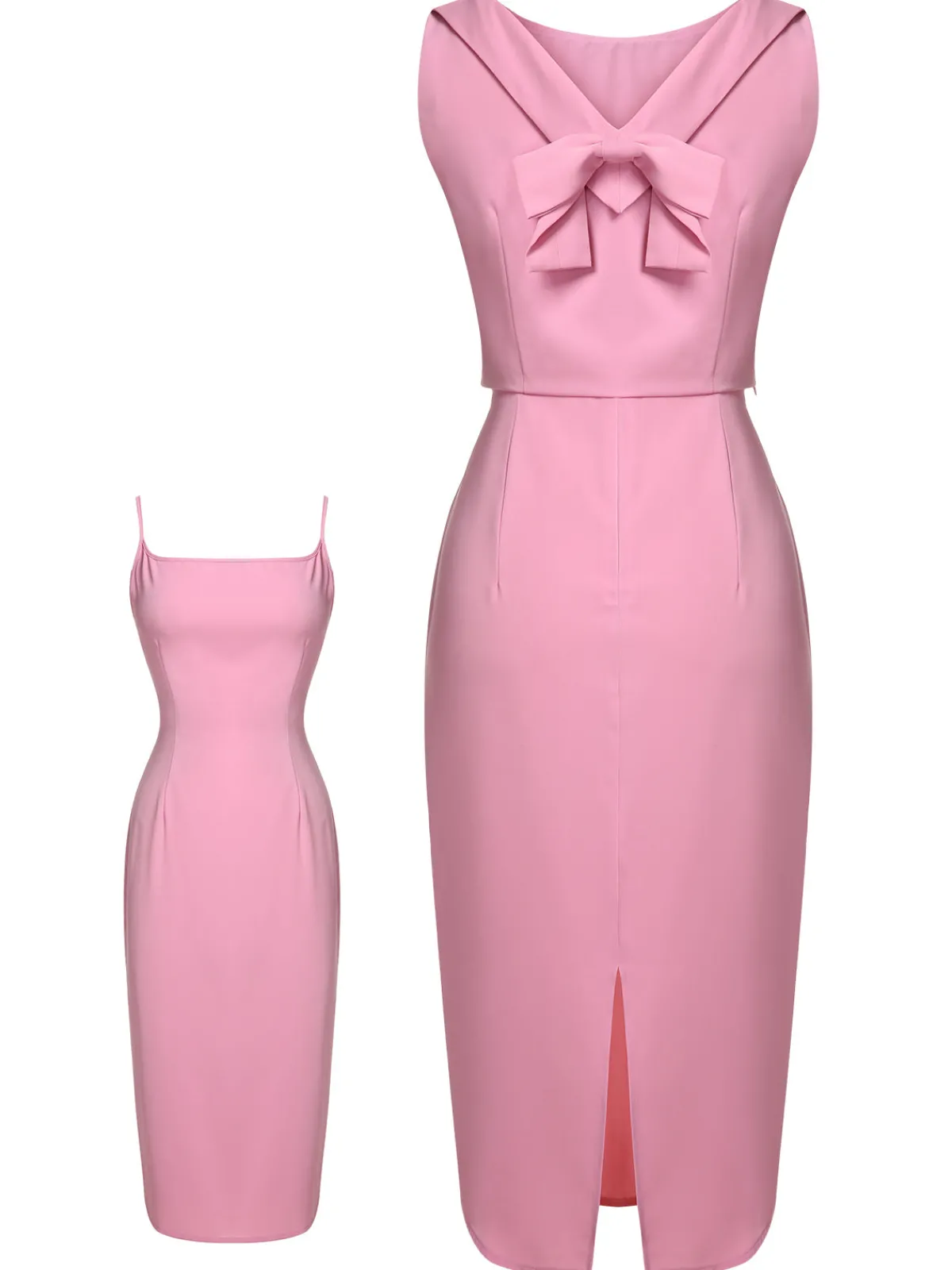 Outlet Retro Stage 2PCS Pink 1960s Lapel Bowknot Blouse & Solid Spaghetti Strap Dress Pale Pink